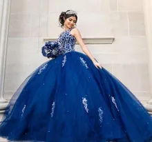 

Luxurious Beaded Crystals Lace Quinceanera Dresses Blue Color Ball Gown Puffy Cut-out Back Corset Dress for Debutante