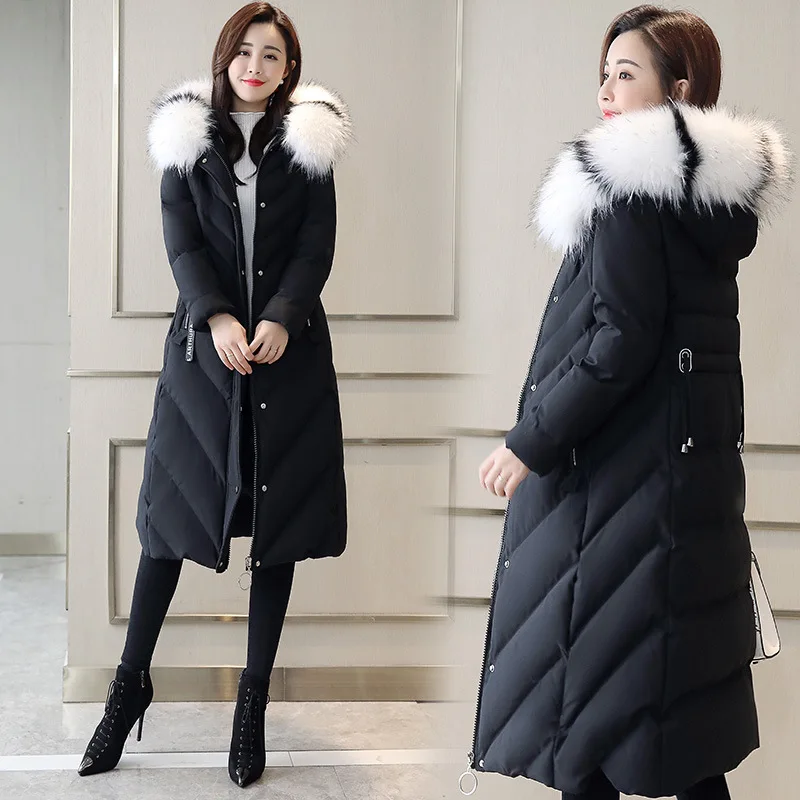

2019 Winter New Style WOMEN'S Dress Large Fur Collar-Style down Feather Cotton-padded Clothes Cotton Coat Mid-length over-the-Kn