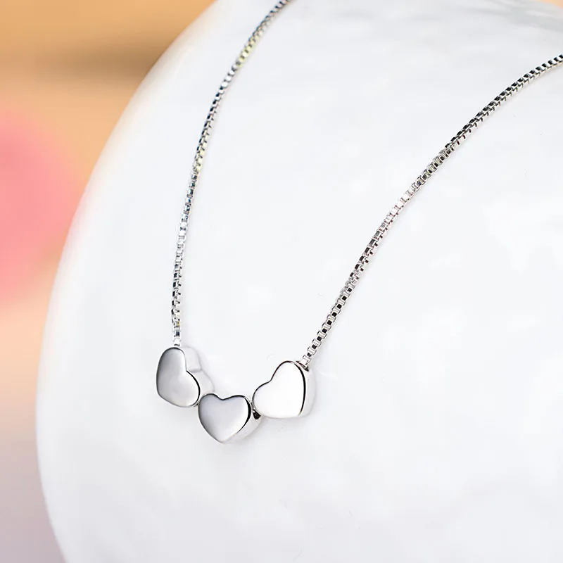 Dainty 925 Sterling Silver Three Tiny Heart Necklace Short Chain Neckless Girls Kids Women Minimal Colar Choker Collane SN017