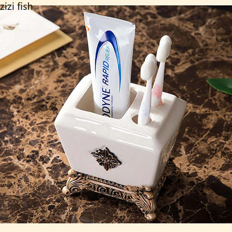 Classical Ceramic Bathroom Set Portable Soap Dispenser Toothbrush Holder Mouthwash Cup Resin Base High Quality Bath Supplies