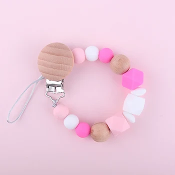

Dummy Clip Pacifier Chain Holder Wood Silicone Beads Baby Pacifier Clips Holder For Teething Soother Toys Anti-Lost Chain