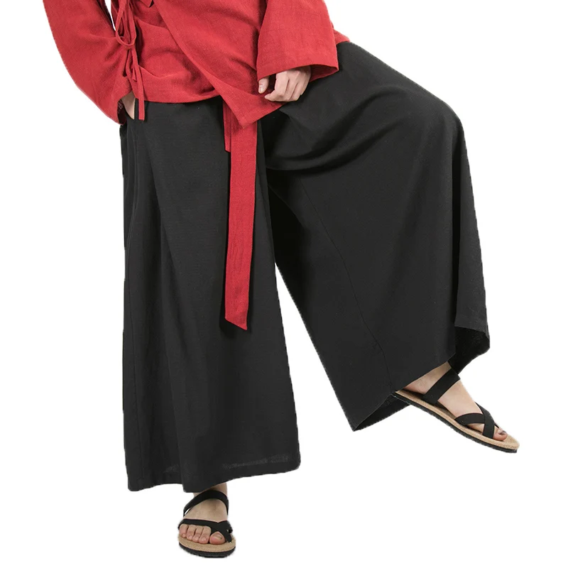 Chinese Style Men Cotton Linen Wide Leg Pants Black Harajuku Male Streetwear Harem Pants Man HanFu Kongfu Trousers Skirt