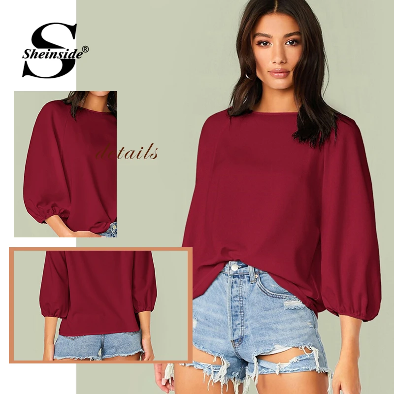 Sheinside Casual Burgundy Lantern Sleeve Blouse Women Autumn 3/4 Sleeve Blouses Ladies Solid Minimalist Raglan Sleeve Top
