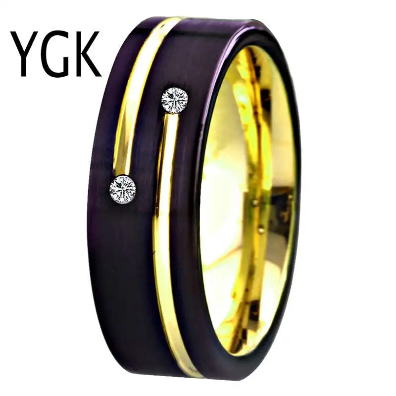 

Tungsten Wedding Band Engagement Rings For Women Classic Anniversary Gift Ring Men's Black Tungsten Ring Golden Groove White CZ