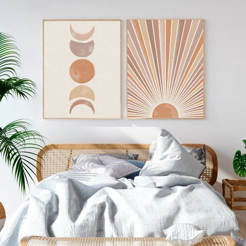 Sun Moon Print Boho Bedroom Decor Modern Mid Century Minimalist Poster Terracotta Wall Art Pictures Living Room Canvas Painting Painting Calligraphy Aliexpress
