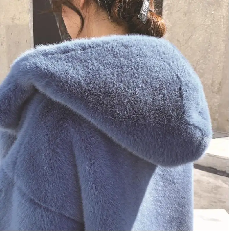 Новинка, женская верхняя одежда, меховое пальто, имитация водной гривы, длинное, толстое, с капюшоном, свободное, теплое, искусственное меховое пальто, роскошная куртка