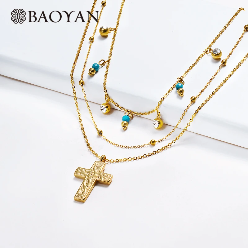 

Baoyan Blue Natrual Stone Necklace Turquoises Water Drop/Heart Pendant Necklace Multi Layered Stainless Steel Necklace For Women