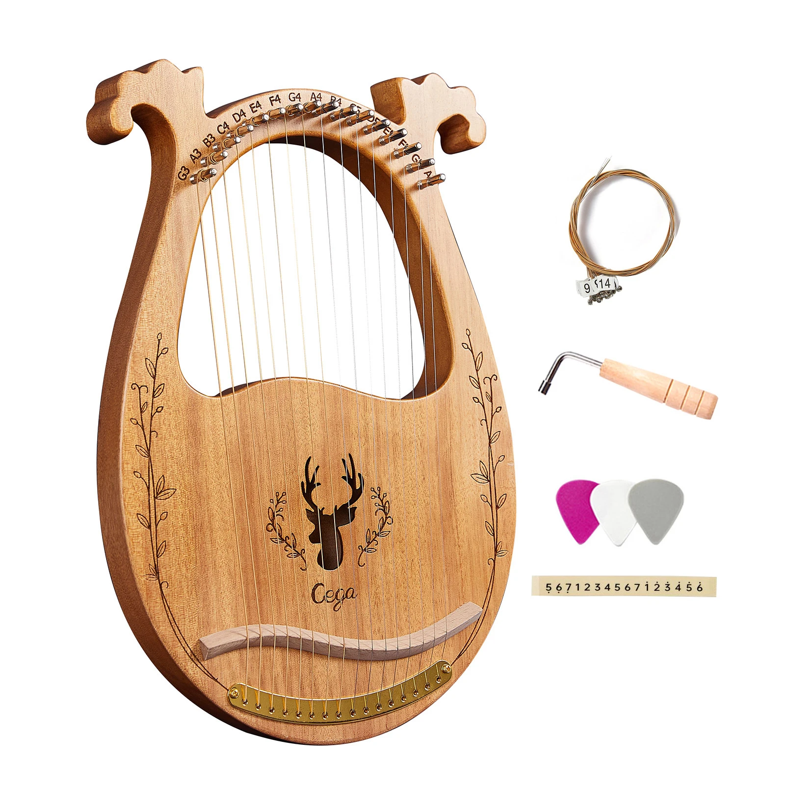 

16-String Wooden Lyre Harp Resonance Box String Instrument with Tuning Wrench 3pcs Picks Sticker Extra Set of Strings