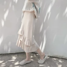 Женская юбка с оборками, вязаная юбка с двойным хвостом и эластичными карманами, длинные юбки серого, черного, абрикосового цвета, 1981