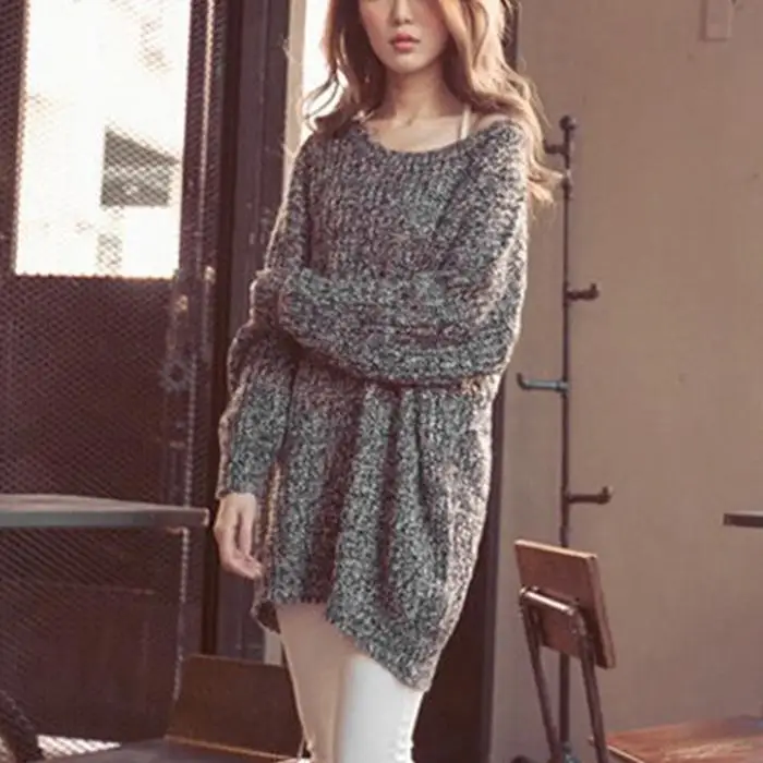 Модный Женский Повседневный вязаный свитер с круглым вырезом и длинным рукавом, однотонный пуловер, вязаный