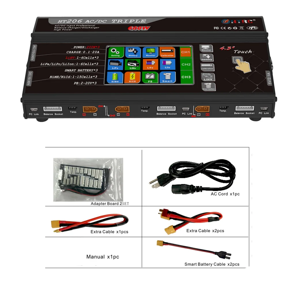 Зарядное устройство HT206 AC/DC TRI Triple Port 200 Вт * 3 20A 4 &quotцветной сенсорный ЖК экран для