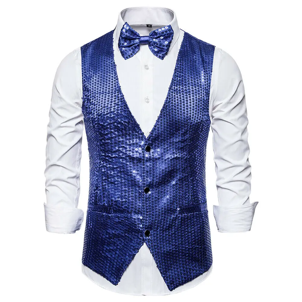 6 Styles Men Wedding Stage Show Gold Shiny Sequins Bow Vest Waistcoat Blue Black Silver Suit Vest Gilet Homme Classic Vests 2Pcs 3