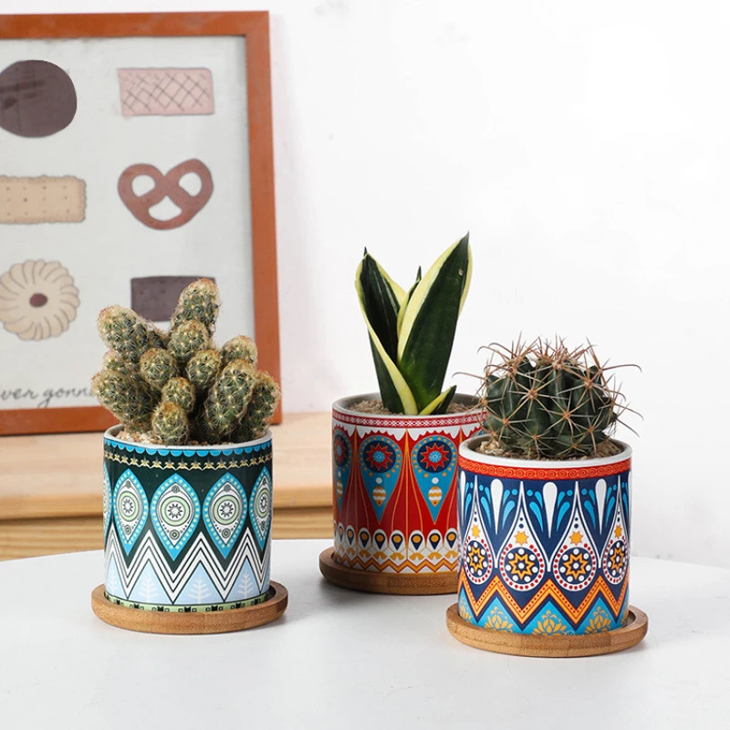 

Color ceramic flower pot small Nordic style American decorative pattern retro art pattern with tray planters for succulents pot