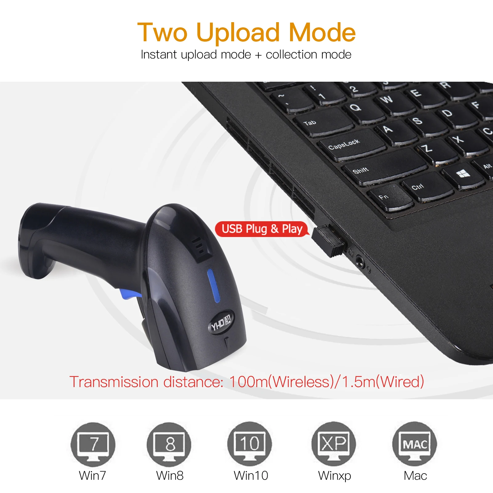 2-in-1 2.4G Wireless Barcode Scanner & USB Wired Barcode Scanner Automatic Handheld 1D Bar Code Reader with Rechargeable