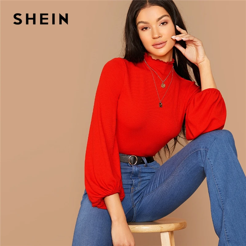 Beste SHEIN Stand Kraag Lantaarn Ruches Mouw Rib knit Crop Tee Zonder Ketting Vrouwen Herfst Effen Elegant Office Dames T shirts
