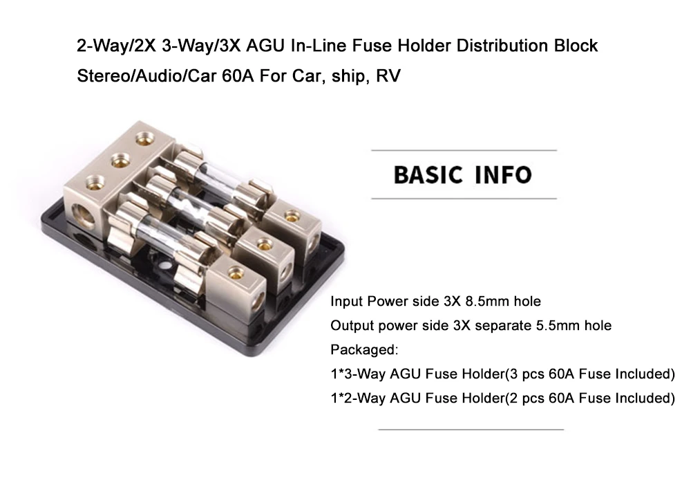 2-Way/2X 3-Way/3X AGU In-Line держатель предохранителя распределительный блок стерео/Аудио/автомобиль 60A для автомобиля, корабля, RV