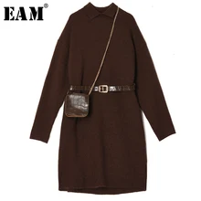 [EAM] женское черное короткое вязаное платье, новинка, с отворотом, длинный рукав, свободный крой, мода, весна-осень 19A-a106