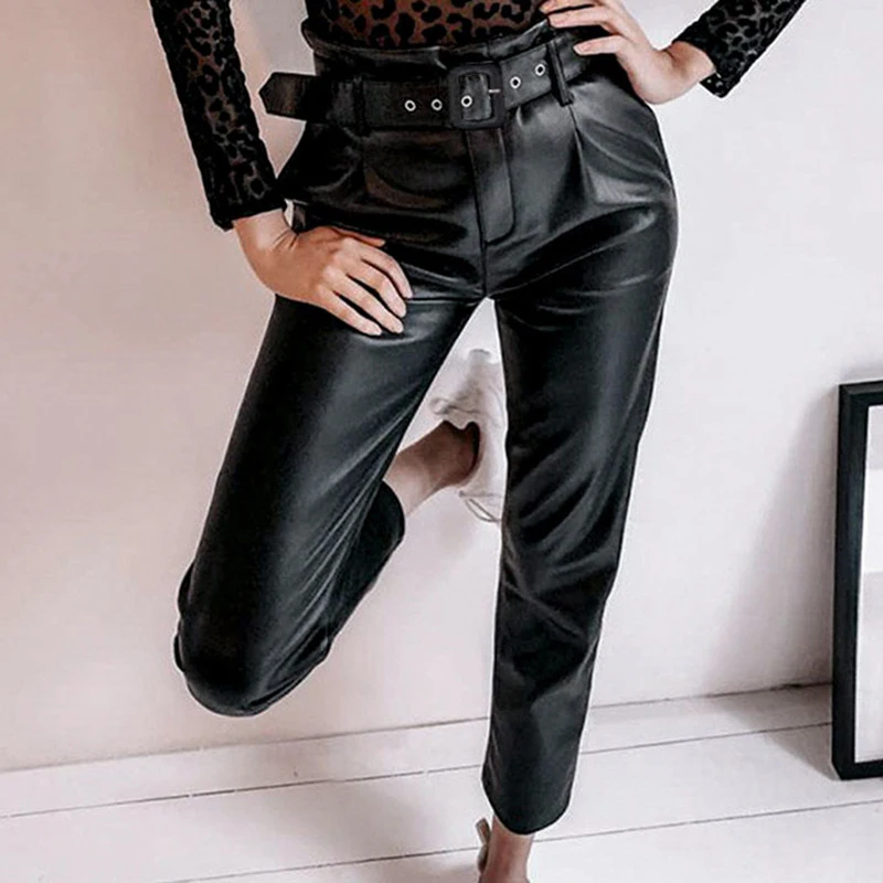 

Causal slim high waist with belt PU leather trousers Hot sale office lady real pockets Karen Pencil Pants 2020 new fashion