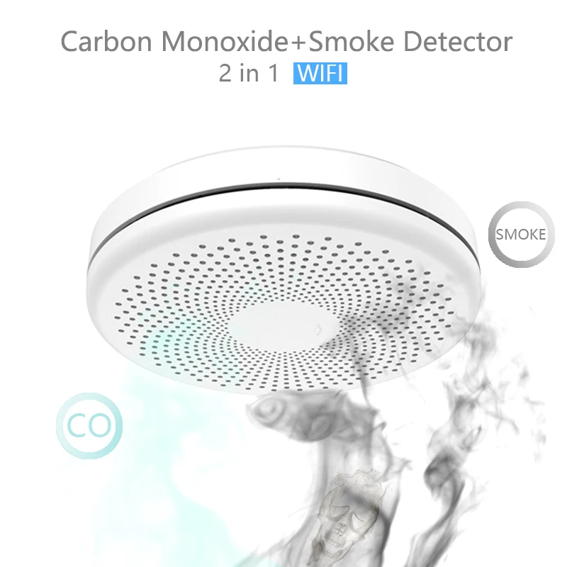 Detector de monóxido de carbono con Wifi, Sensor de humo, sistema de alarma de seguridad, aplicación de advertencia de sonido de 85dB, push SmartLife, Tuya, Control por aplicación