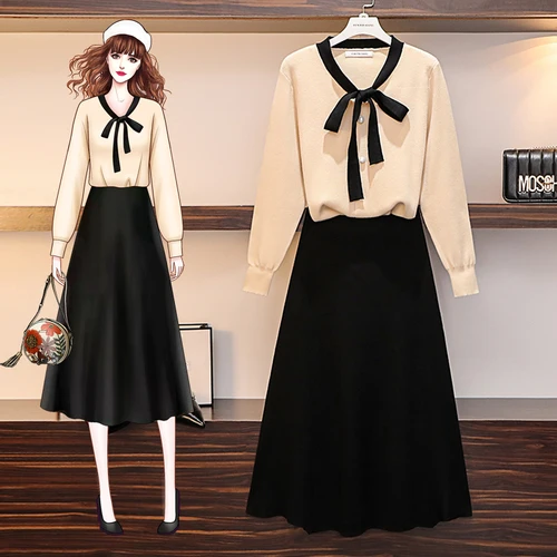 

Woman's Fashion New 2019 Brief Casual Women Clothes Bow Korean Plus Size Two Piece Set A-line Single Breasted Twinset