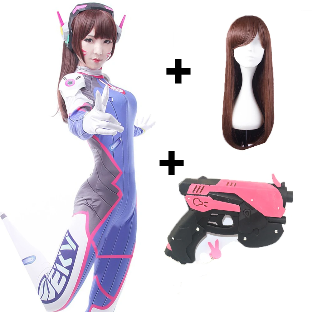 Dva Cosplay CostumeGame Overwatch Female/Women/Girls Lycra 3D Printing Spandex Halloween Party Zentai Wig Suits Gun D.Va cos - Цвет: Package 3