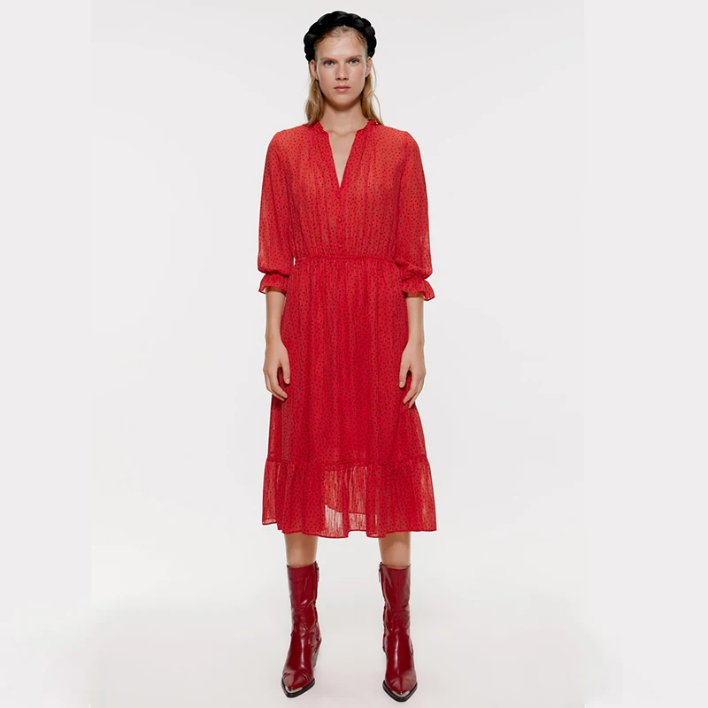 

Newest Summer/Autumn Layered Tulle ZA Dress Women Orange Print Dress Elegance V Neck Lace Party Friend/Girl Gifts Korean Fashion