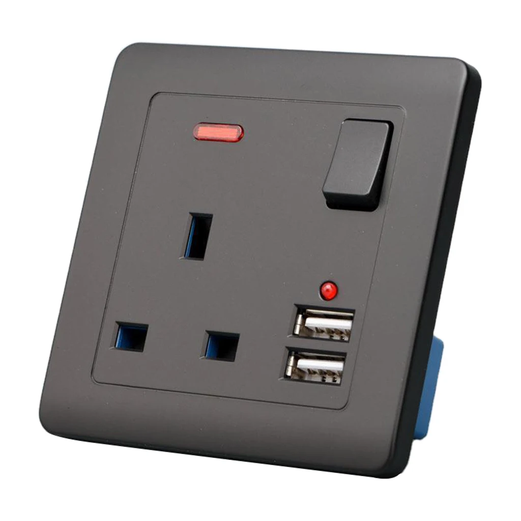 Electrical Wall Socket UK Plug with 2 USB Port Outlets Plate Universal Black