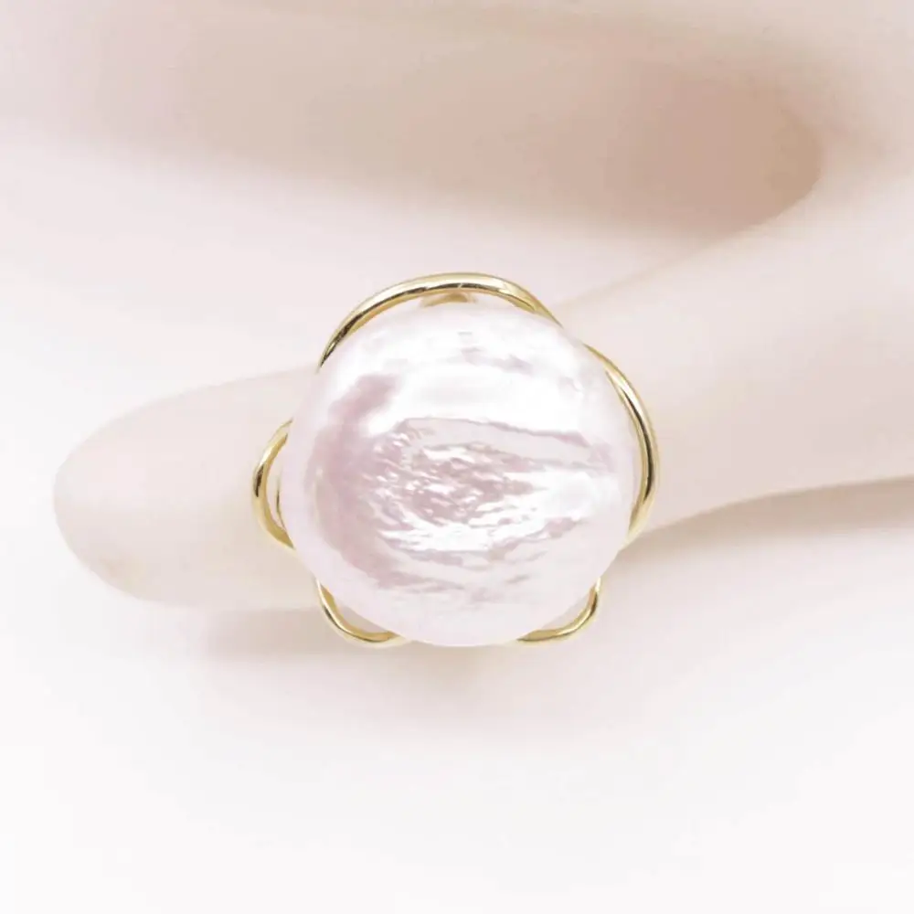 

20mm Freeform Coin Natural White Keshi Pearl Wrap Ring Sizable Golden Silver Color Choose