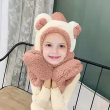 Зимние наушники, шапки, перчатки, 3 в 1, детский теплый плюшевый шарф с капюшоном, шарф с ушками, снуд, карман, запонки, антируморы, кэш, ореиль#2O15