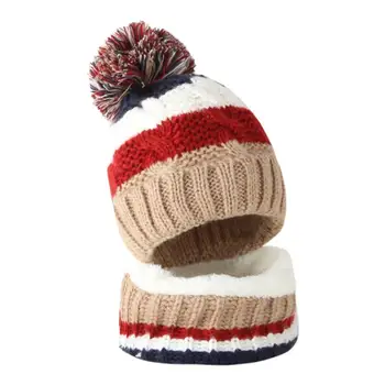 

Toddler Girl&Boy Baby Splice Crochet Knit Winter Hat Beanie Hairball Cap Scarf Set Suit Kids Autumn Cotton Hat With Pompom