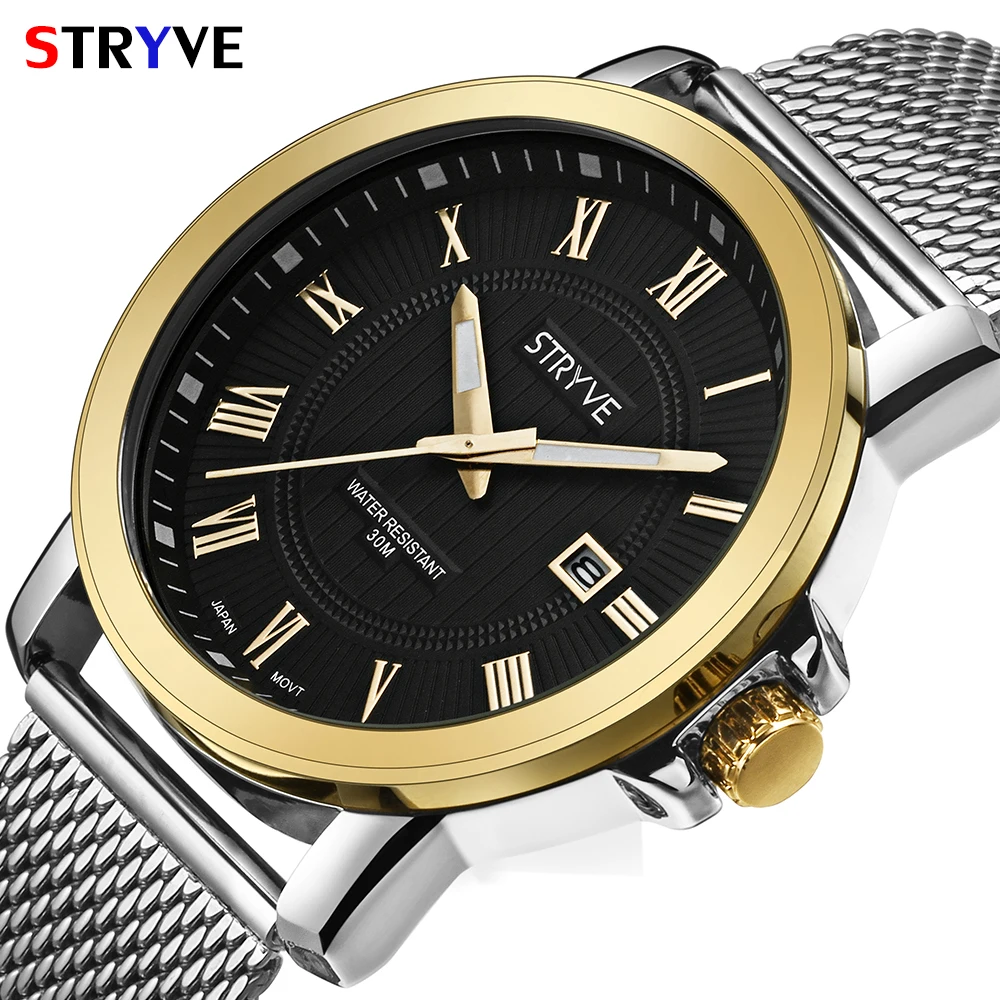 

Stryve Men Watch Strainless Mesh Strap Wristwatch Business Fashion Calendar Male Clock Waterproof Men Quartz Watch Montre Homme