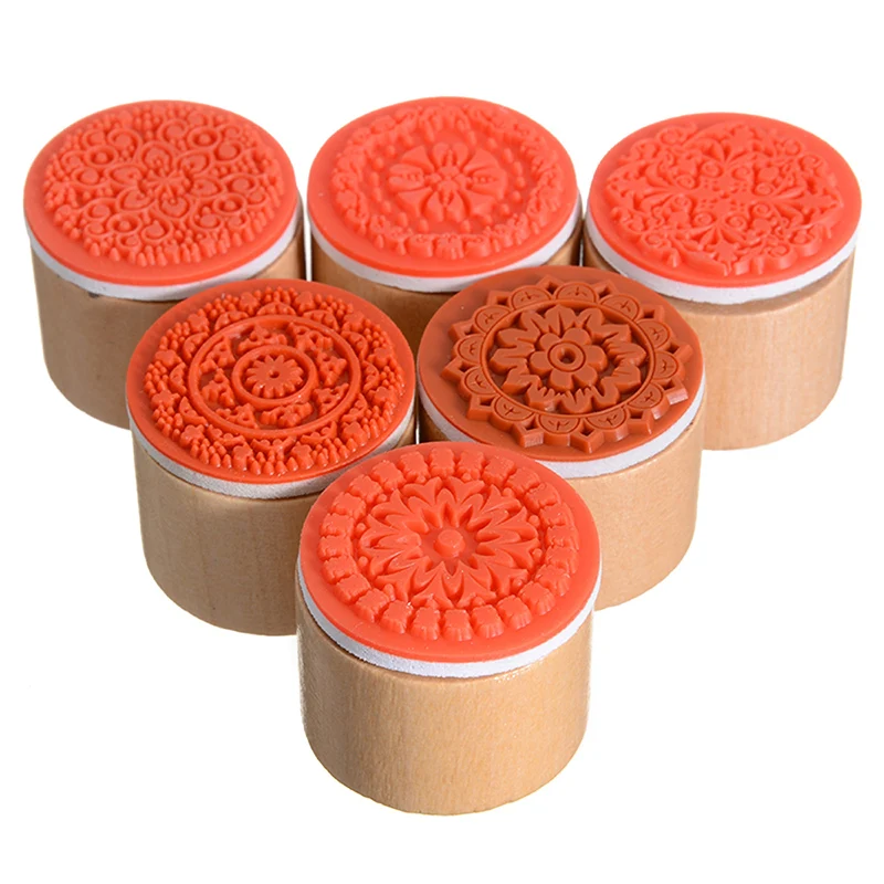 6pcs Wooden Round Emboss Vintage Stamp Lace Floral Rubber Stamp DIY