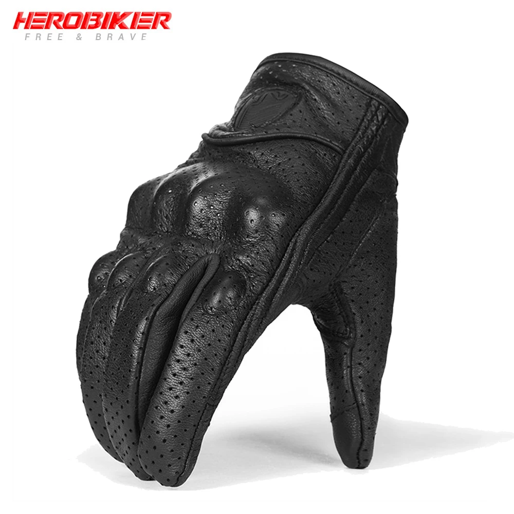 

HEROBIKER Perforated Real Leather Motorcycle Gloves Summer Breathable Moto Gloves Protective Gears Motocross Glove Gants De Moto