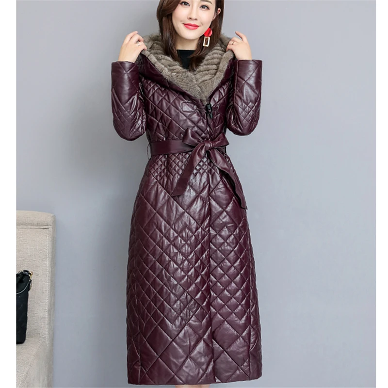 Long Section Imitation Sheepskin Coat Female Winter Fashion New Mink Fur Collar Hooded Thick Warm Leather Jacket Tide - Цвет: Red wine