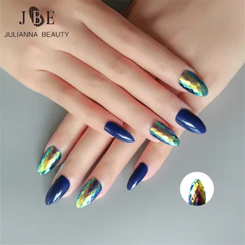 

24pcs/box Blue Holo False Nail Laser Hologram Stiletto False Nail Glitter Long Fake Nail With Nail File Nail Art Fashion Designs
