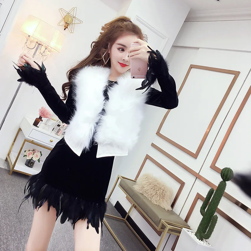 

Photo Shoot 2019 New Style Autumn And Winter Star Celebrity Style Hem Feather Joint Velvet Dress + Furry Vest Suit