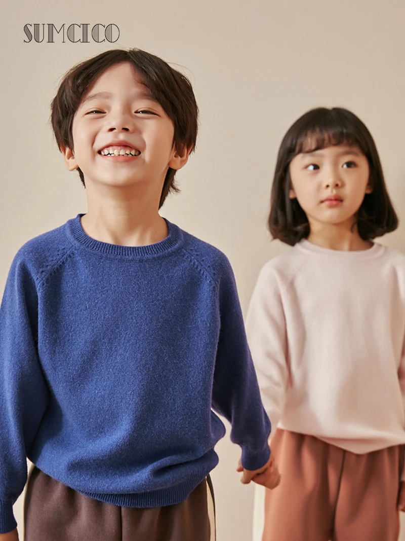 Sumcico 가을/겨울 어린이 s 100% 순수 캐시미어 스웨터 풀오버 긴 소매 o-목 아이 따뜻한 부드러운 캐시미어 스웨터 Age2-15Y