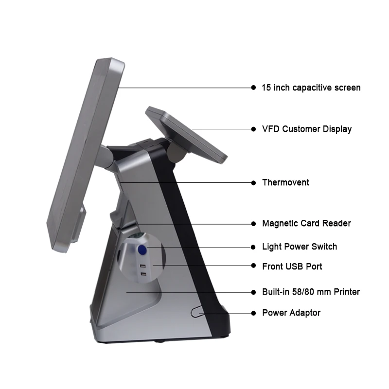 US $416.00 Pos all in one 15 inch pure screen pos system with customer display 80mm printer barcode scanner