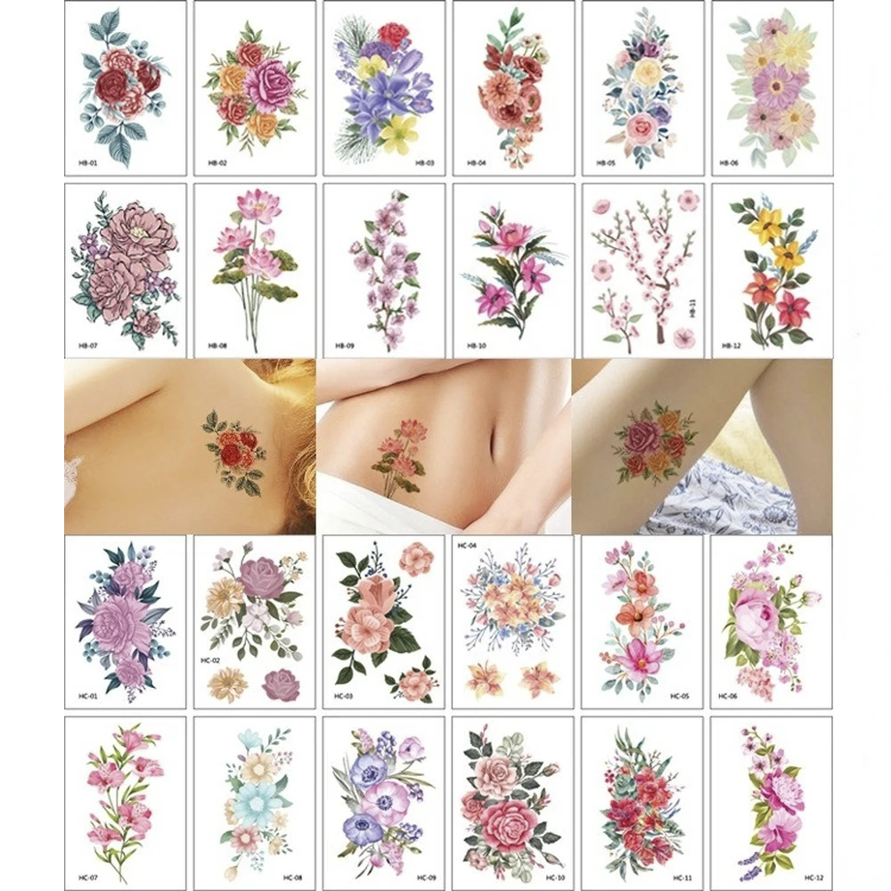 12 Sheets Health Realistic Flower Rose Temporary Tattoos Flash Body Art Arm Women Sleeve Waterproof Fake Flash Tattoo Stickers