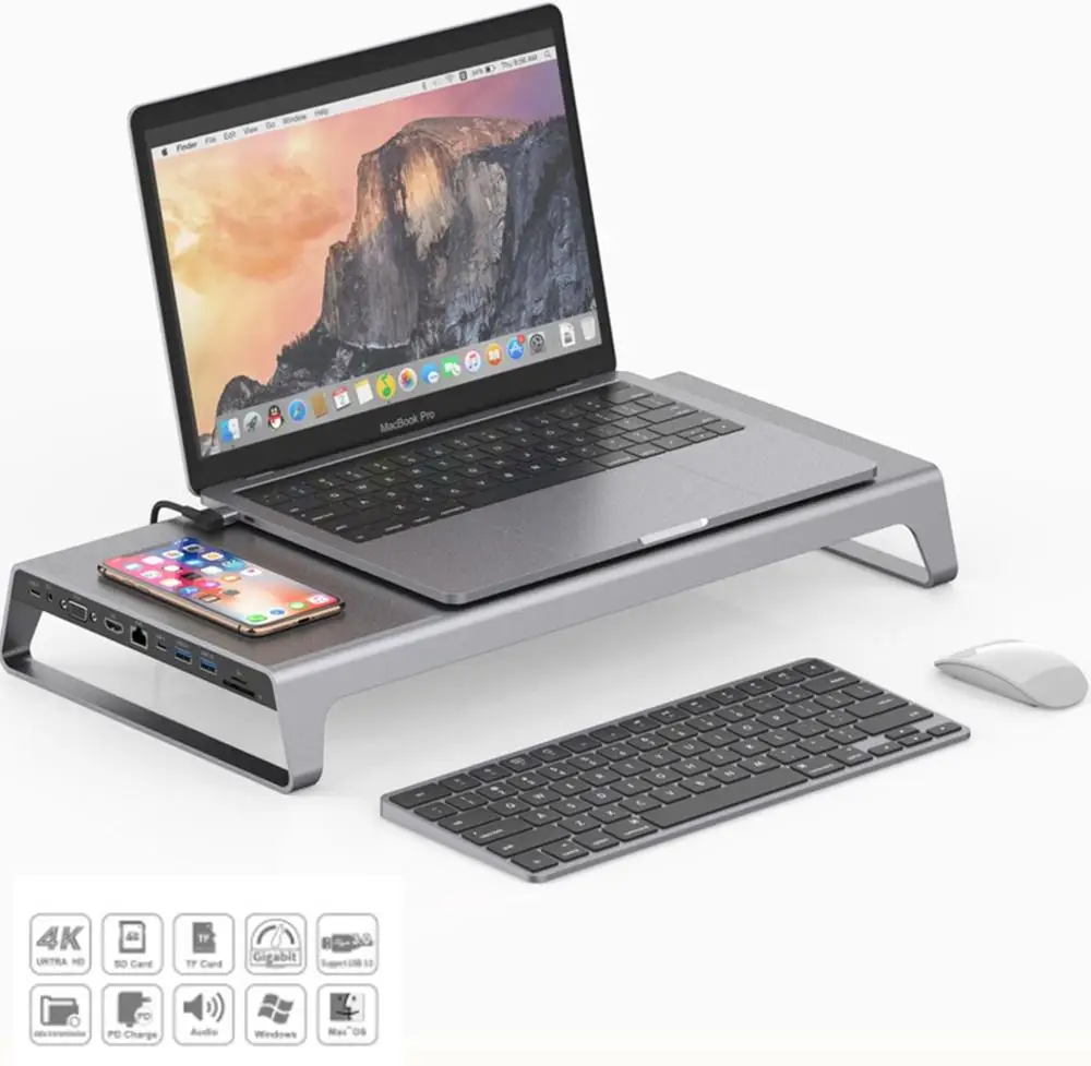 

USB C HUB,Type-C 3.0 Docking Multifunction 11 in 1 Hub + Wireless Charging for MacBook Pro HUB to HDMI/VGA/PD/SD/TF/RJ45/USB 3.0