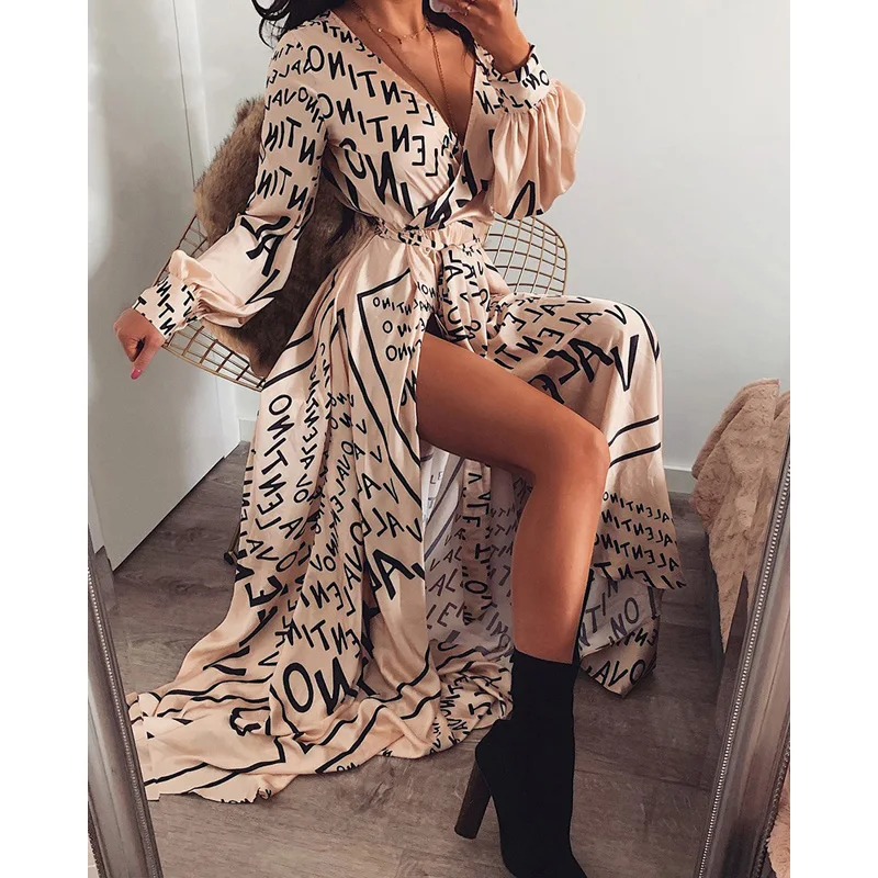 

Sexy Women Dress Long Maxi V-neck Lantern Long Sleeves Letter Print Ethnic Summer Autumn Beach Split Boho Style Dress Sundress