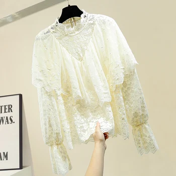 

Crochet Lace Blouse Women Stand-Collar Apricot Lace Shirt Girls Ladies Fashion Beaded Lace Blouses Spring Fall Top Blusas 2020