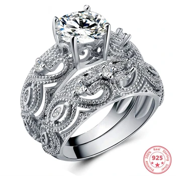 

Stamp 925 SliverColor Diamond Ring Set for Sexy Women Fashion Princess Hollow Wedding Gemstone Anillos Bizuteria S925 Rings