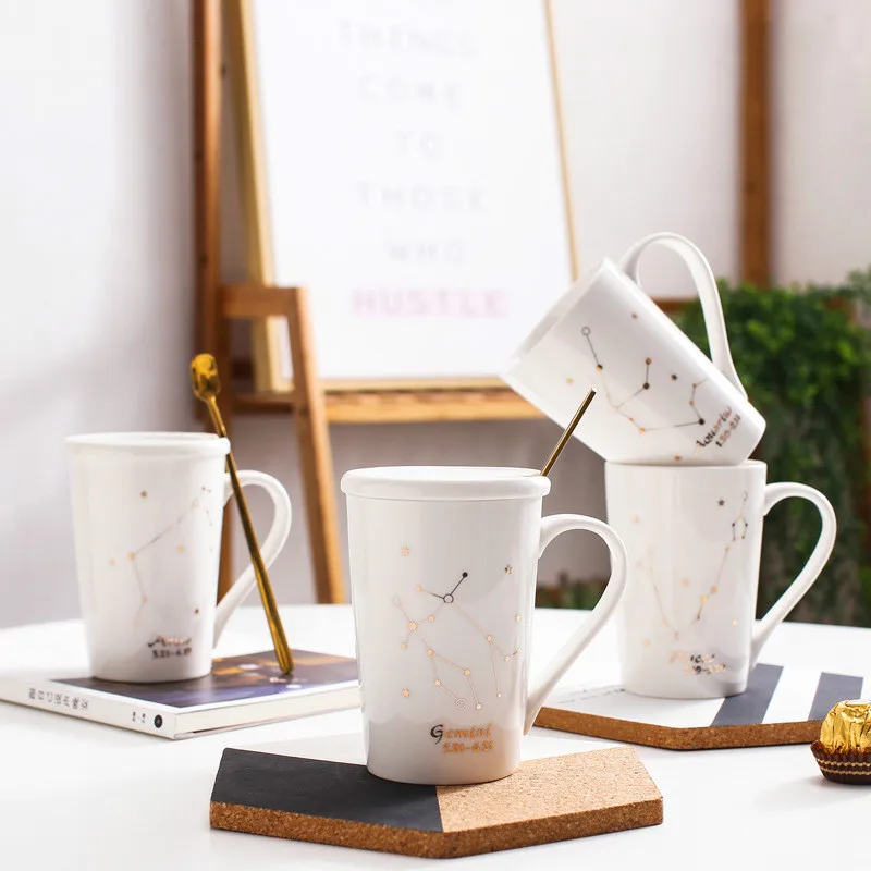 

340ml Ceramic Coffee Mug 12 Constellation Creative Mugs with Spoon Lid White Porcelain Zodiac Milk Coffee Cup Drinkware For Gift