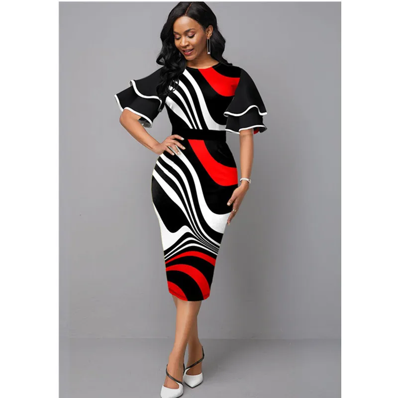 

Striped print mid-length dress with lotus leaf sleeves hip skirt women Commuter Office Clothes Dress