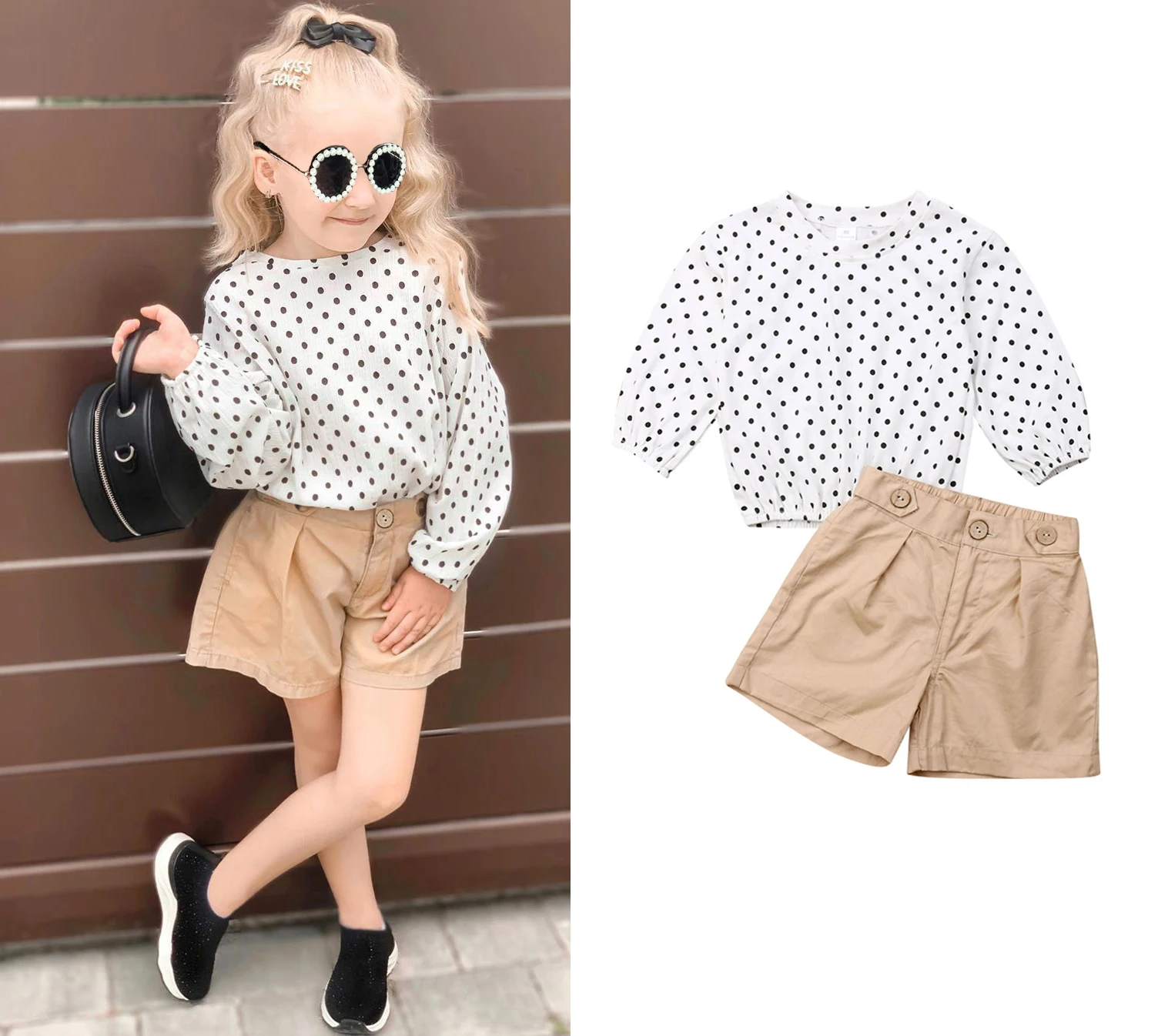 

Autumn Kids Toddler Baby Girls Outfits Clothes Dot Print Long Sleeve Top +Khaki Solid Shorts 2pcs Sets