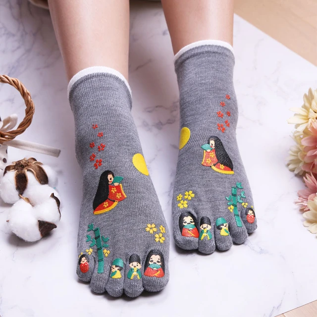 Socks Women's Cute Print Colorful Five Toes Non-slip Cotton Glue Harajuku  Kawaii Split Toe Socks