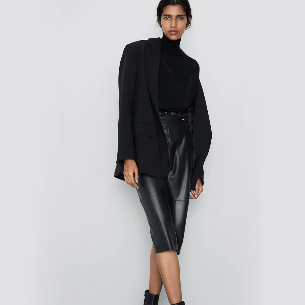 ZA юбка женская новая осенне-зимняя черная юбка из искусственной кожи с разрезом, сексуальная уличная элегантная Эффектная юбка, вечерние юбки