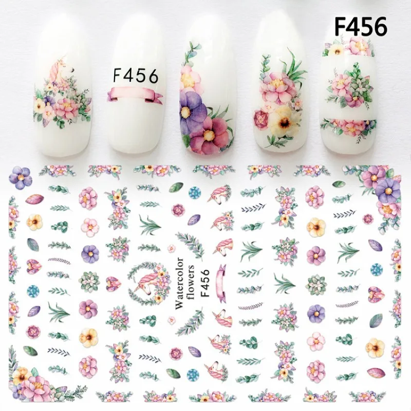 F456 1 лист, единорог, фламинго, наклейки для ногтей, кружевные цветы, сушеные украшения для ногтей, лаванда, 3D наклейки s DIY, маникюр, наклейки для ногтей - Цвет: F456