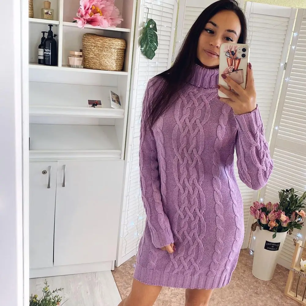 

VITIANA Women Casual Knitted Dress For Womens Autumn Winter 2020 Female Long Sleeve Turtleneck Mini Dresses Woman Gray Vestidos
